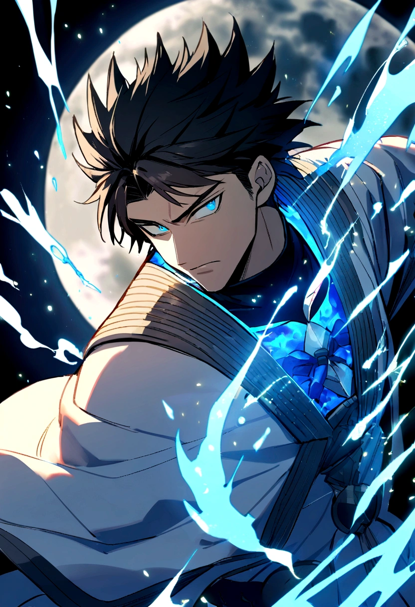 1 boy, Male, look like gojo satoru, balck hair, light blue beautifull eyes, serious face, handsome, cool, maskulin, black kingdom cloth, robe, in dark castle, blue magic splash, blue light, blue sparkle, big moon on back