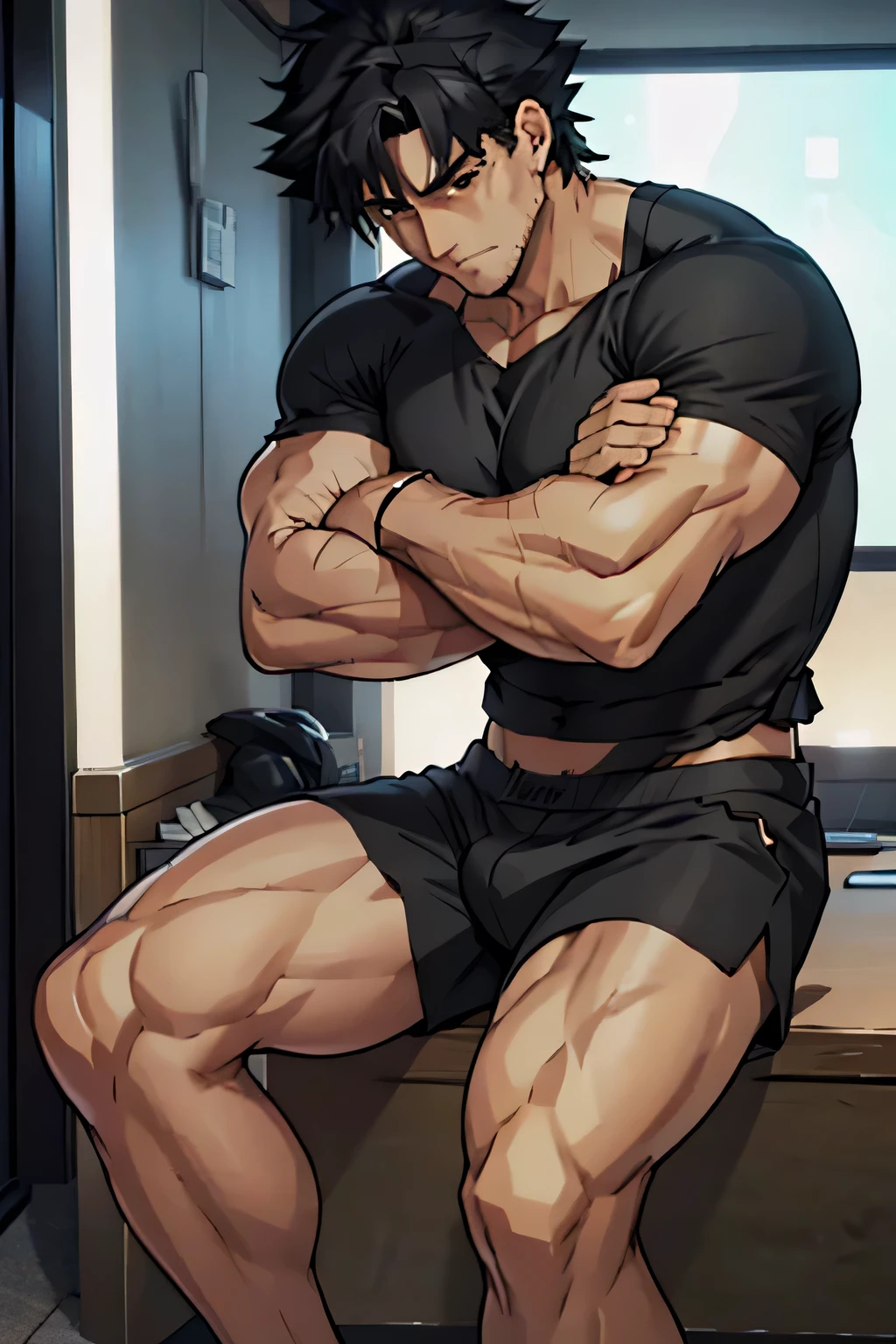 Kiritsugu is sitting and flexing his thighs. He wears black short boxershorts. You can see his thighs completely. He is wearing a black tshirt with short sleeves. His sleeve is rolled up completely, so you can see his entire arm and shoulder. He is admiring his arms. He has a huge bulge. You can see his abs too. His boxershorts are rolled up completely so you can see his entire leg. he has many bulging veins on his arms.