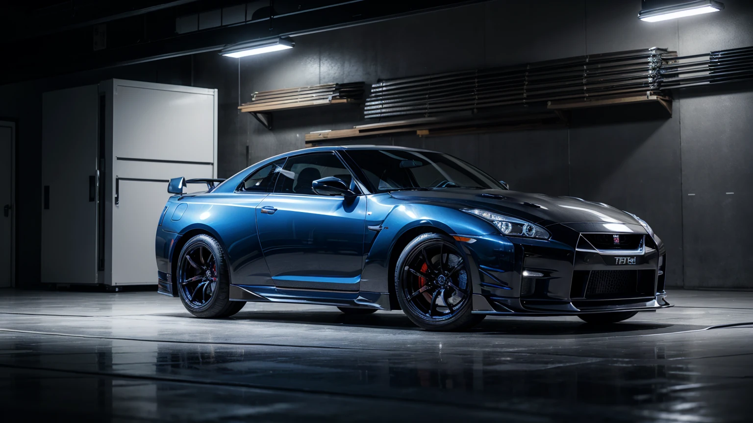 Nissan Skyline GTR-R35, In the black color, blue leds, photorealistc, standing in the garage of a beautiful workshop