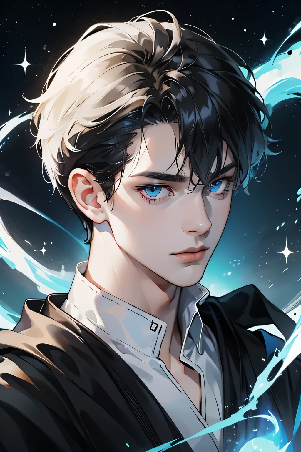 1 boy, black layer hair with bangs, white skin, good skin, blue eyes, cool, hansome, magic, kingdom, black booys, black cloth, astral view, focus face, moon