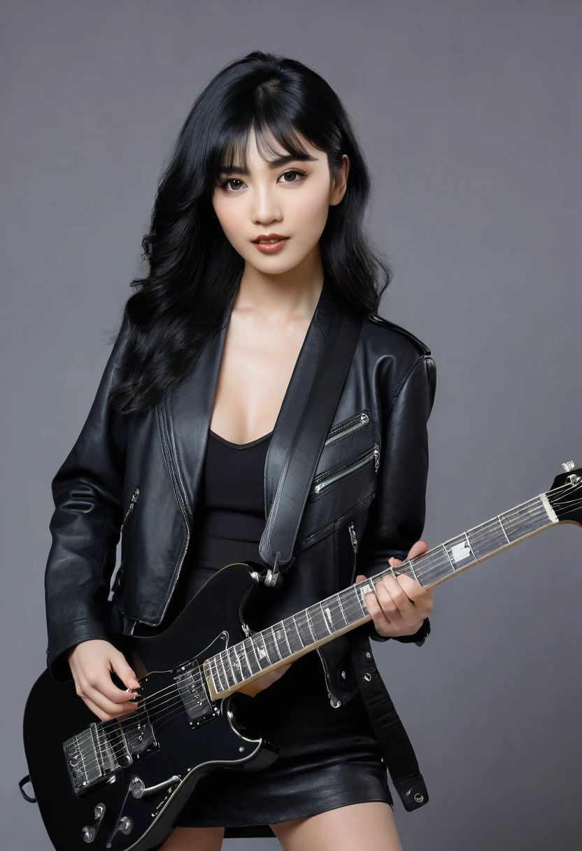 A beauty woman with black hair and black jacket playing a black electric guitar for the audience on the internet
