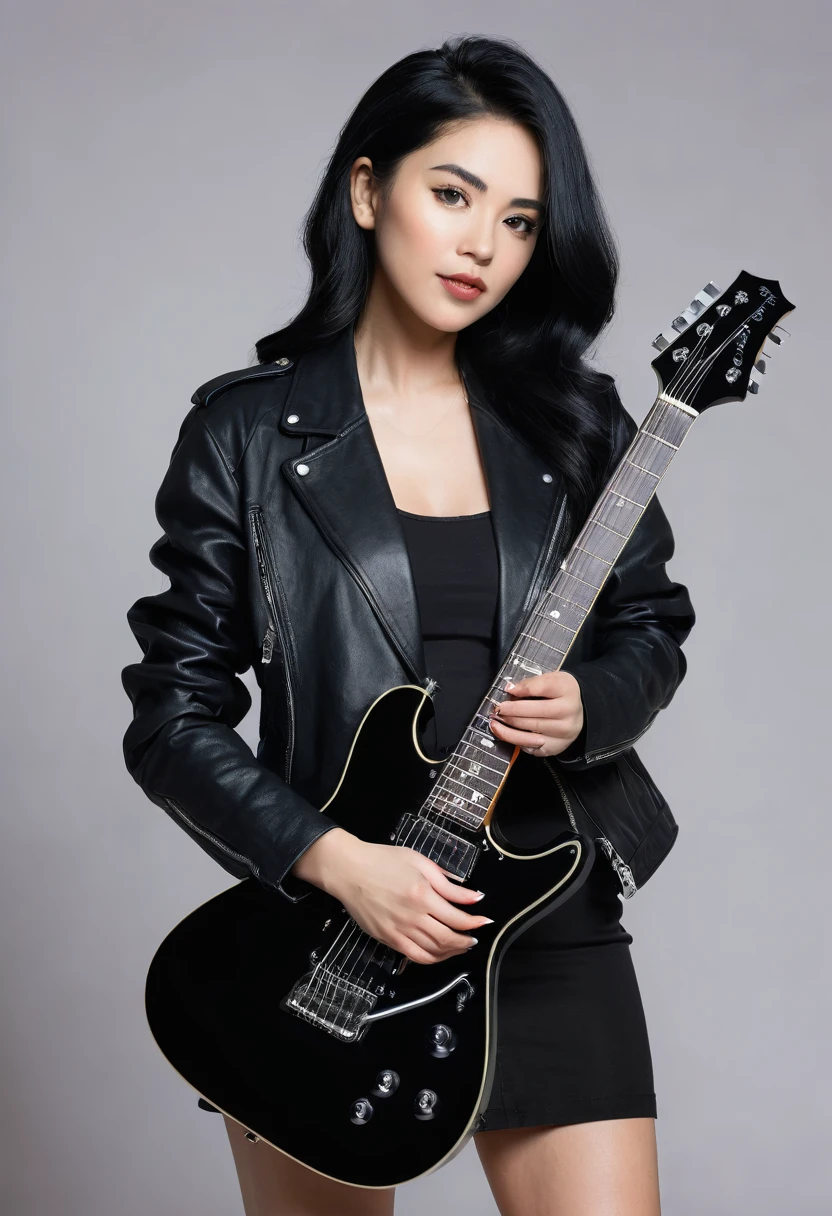 A beauty woman with black hair and black jacket playing a black electric guitar for the audience on the internet