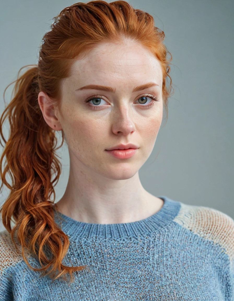 Photography full body, of a very beautiful realistic girl, hole body,in the recording studio, wear a sweater, porcelain skin, very light skin, very pale skin, redhead, wavy, pony tail, Detail of skin structure, hazel eyes, Slit eyes, small-nose, small nostril, think of arched eyebrows, thick lower lip, seductive glance, happy face, unique face, foto realista, Masterpiece Image, sharp image, clear daylight

