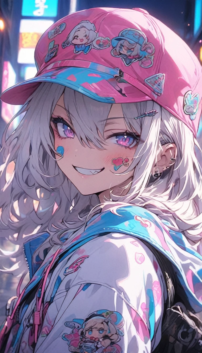 anime girl with a cap, white hair, street background in neon pink and blue colors, scars, stickers, smirk face