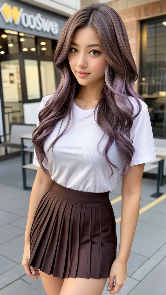 Photo of sexy young woman yamiko, wavy brown hair with violet highlights. Large and bright brown eyes , long eyelashes. Voluptuous, with pronunced breadsts, hips and bottom. Wears a casual tight-fitting shirt, a short pleated skirt, which accentuates her curves, knee-high socks have horizontal stripes in pastel shades, and wears sneakers.