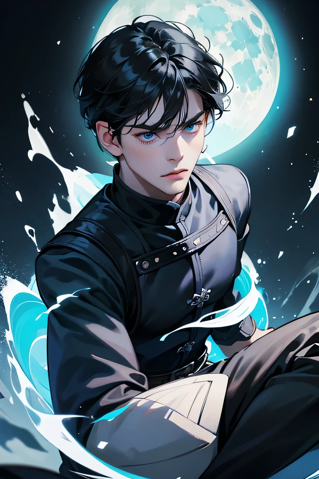 1 boy, black layer hair with bangs like pony, white skin, good skin, blue eyes, cool, hansome, blue magic, blue lighting, serious face, kingdom, black boots, black cloth, astral view, focus face, moon