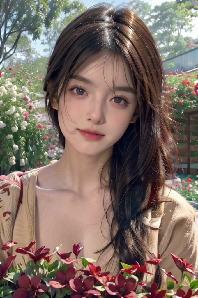 realisitic, 1 girl, dark hair, brown dark eyes, glare eyes, broken lips, blush, cute, Garden, giorno, flowers.  