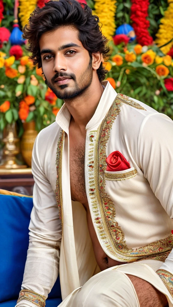 Base model of a handsome indian man, in a tv reality show, homoerotic, masterpiece, , handsome face, posing for photo shoot, ultra HD, 16k resolution, handsome face, beautiful eyes, messy hair, he is a cricket player, (wearing indian clothes), 