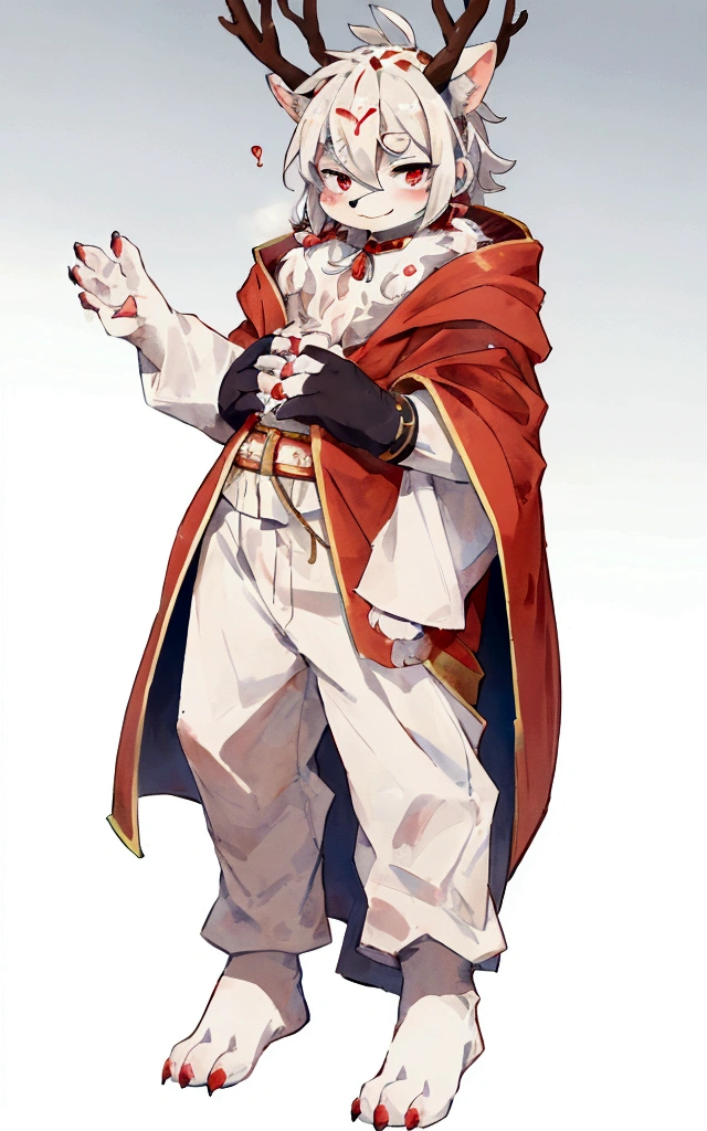 Sibuxiang has beige/light brown fur with a few white spots on its thighs and tail and has two brown horns on its forehead. He also wears a red cloak with white clouds tied around his neck. His face is always hidden by a white and red mask or one way or another when the mask is removed, whether it is in the main Manhua or in Beast Jokes. As Sibuxiang's name states, his body is made up of different animal parts. His front legs and feet are those of a cat, but he mostly looks like a deer.