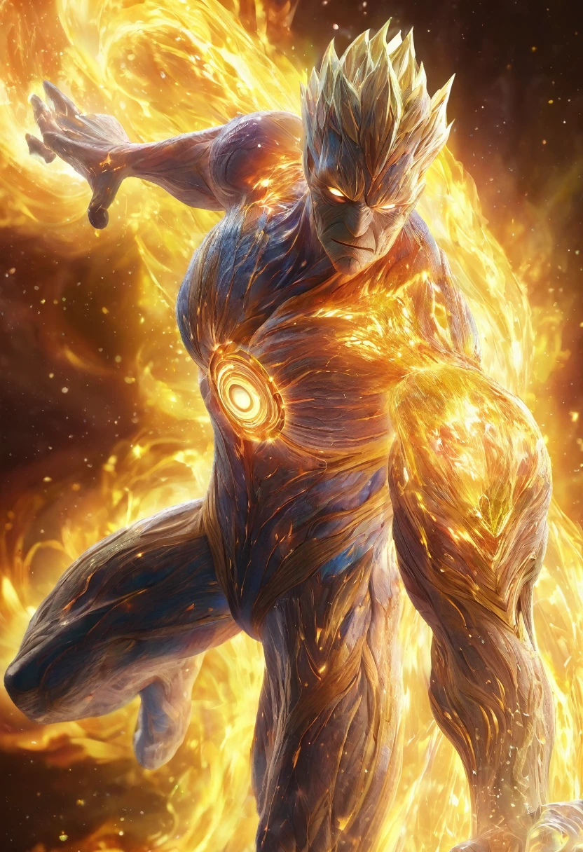 Un primer plano de un señor elemental de la light, whole body, body made of energy, light, Masterpiece, The best quality, super detailed, Very detailed, UHD, 4k, 8k
