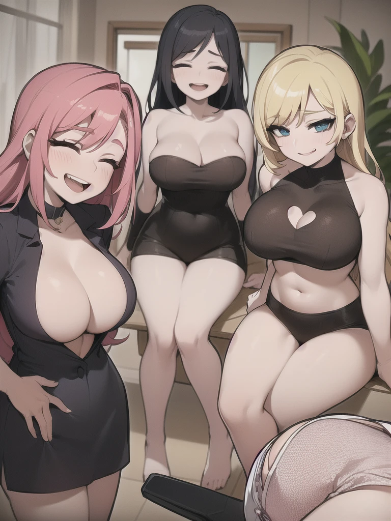 six sexy women in babysitters outfits who are wives of s old boy, looking at camera, seductive smiles, portrait, various hair, closed eyes, opened mouths moaning