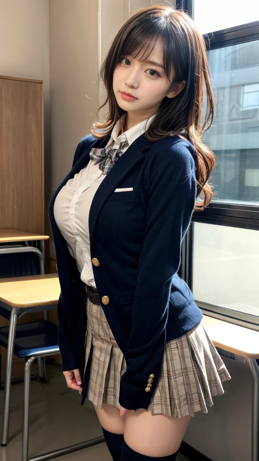 masterpiece, best quality, illustration, Super detailed, fine details, High resolution, 8K,wall paper, perfect dynamic composition,(Details High quality, realistic depiction of eyes:1.3), from side, High School Classroom、High school girl uniform、blazer 、Super Short Check Uniform Skirt、Navy blue high socks、garterbelts、Colossal tits、Disturbed uniform,  short hair, (wavy hair:1.2), black hair color, large breasts, Big Natural Color Lip, bold sexy pose, (perfect body shape), crying a little、cold gaze, Harajuku style、20 year old girl、cute type, beautiful legs, hposing Gravure Idol, Voluptuous thighs