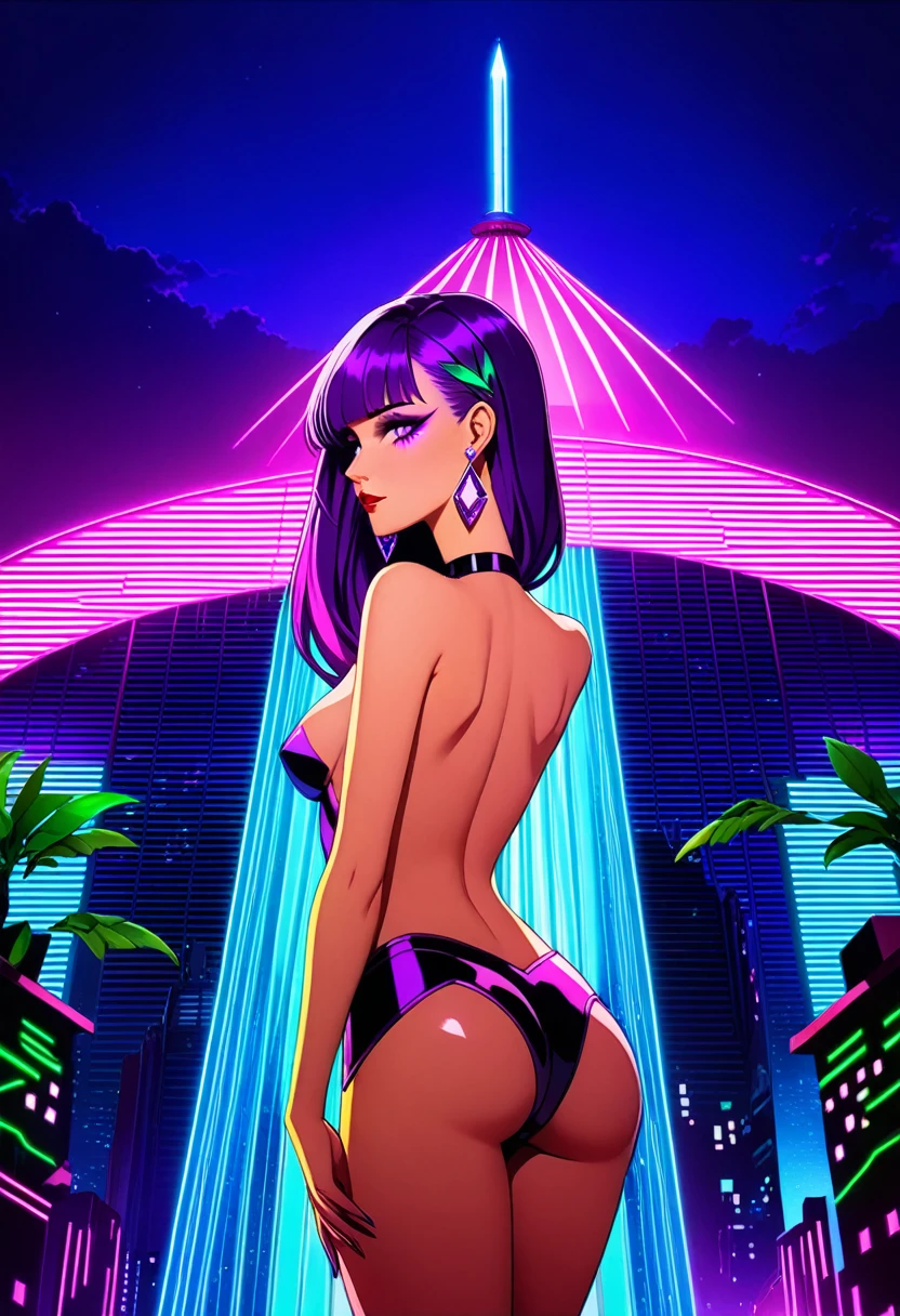 Art styles: very aesthetic, dramatic lighting, 3000K lighting, synthwave, anime, cyberpunk; view: from behind side; character: morrigan aensland; appearance: long purple hair, masterpiece purple eyes, detailed large eyes pupils, Slender hips, slim stomach, thin waist, medium teardrop-shaped breasts, slim body, soft gradient two-tone hair; clothing: playboy bunny; Accessories: sparkly diamond small earrings, makeup; bg: large illuminated fountain, skyscraper roof, panoramic view, deep night city, hawaii, decorations neon lights, translucid lights, green ornamental plant, side lighting; 