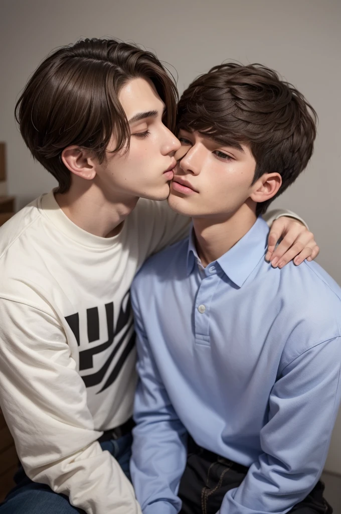 A 20 year old boy,offwhite,bonitas,brown hair sitting on another 20 year old boy kissing,offwhite,cabelo roxo,bonitas