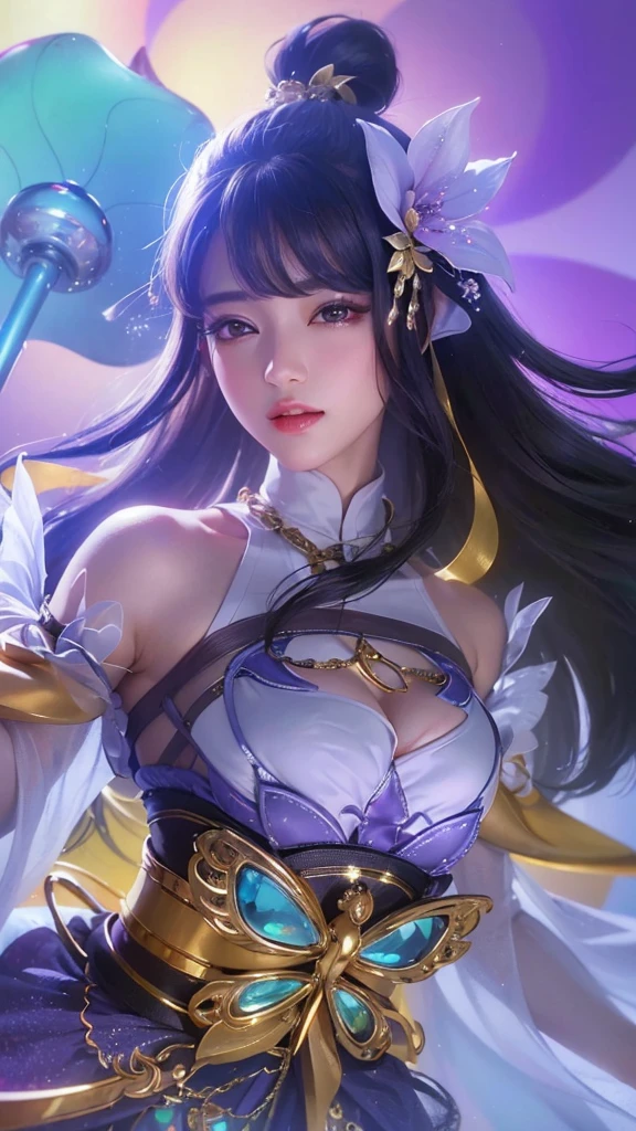 (8k, RAW photo, photorealistic:1.25) ,( lipgloss, eyelashes, gloss-face, glossy skin, best quality, ultra highres, depth of field, chromatic aberration, caustics, Broad lighting, natural shading,Kpop idol) looking at viewer with a serene and goddess-like happiness, medium breasts,cleavage