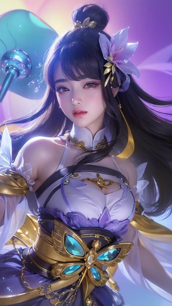 (8k, RAW photo, photorealistic:1.25) ,( lipgloss, eyelashes, gloss-face, glossy skin, best quality, ultra highres, depth of field, chromatic aberration, caustics, Broad lighting, natural shading,Kpop idol) looking at viewer with a serene and goddess-like happiness, medium breasts,cleavage