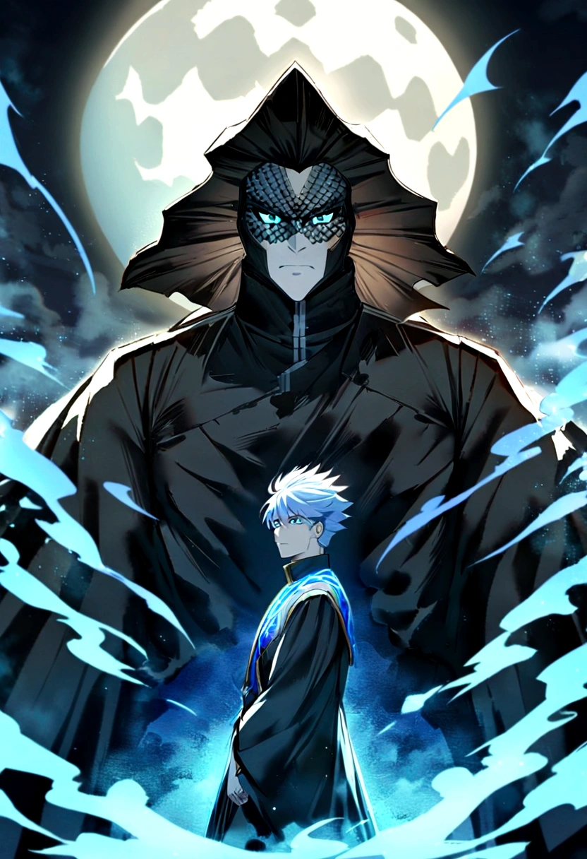 1 boy, Male, look like gojo satoru, balck hair, light blue beautifull eyes, serious face, handsome, cool, maskulin, black kingdom cloth, robe, in dark castle, blue magic splash, blue light, blue sparkle, big moon on back