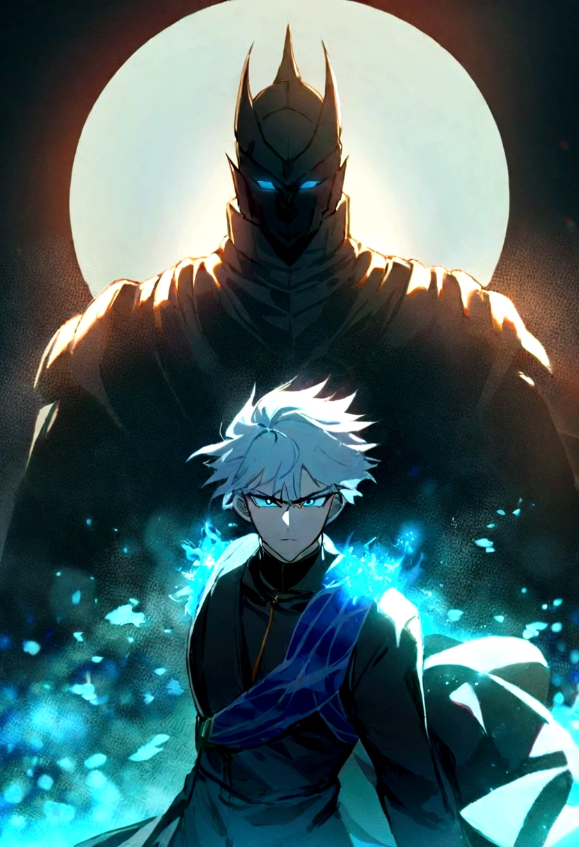 1 boy, Male, look like gojo satoru, balck hair, light blue beautifull eyes, serious face, handsome, cool, maskulin, black kingdom cloth, robe, in dark castle, blue magic splash, blue light, blue sparkle, big moon on back