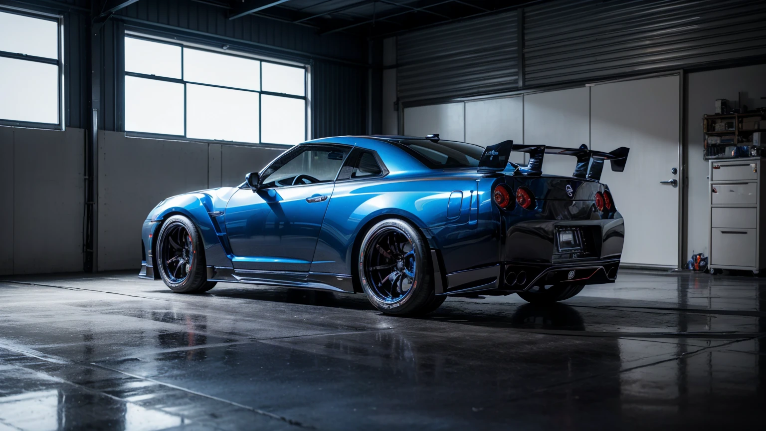 Nissan Skyline GTR-R35, In the black color, blue leds, with very large wheels, Race car, photorealistc, standing in the garage of a beautiful workshop