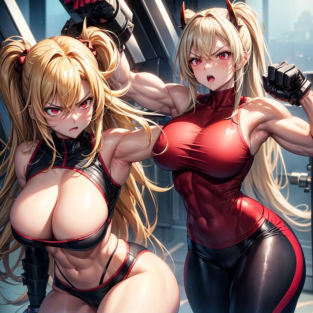 a anime woman, muscular, big breasts, in tight clothes gym, with long blonde and spiky hair, with red eyes and an angry but cute expression.