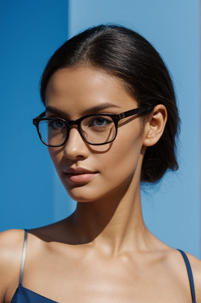 A poised young model stands against a blue backdrop, presenting a striking profile in high-end fashion attire, "Composition: upper body portrait, direct gaze, clean lines," "Camera: high-definition digital camera, portrait mode, tight framing," "Lighting: studio lighting, likely a key light positioned to the front-left to cast even illumination on the face, subtle shadowing to define features," "Framing: close-up, cropped just below the shoulders, focus on facial features and glasses," "Effects: color grading to enhance the warmth of the image, contrast adjustments for depth," "Background: solid color to complement and contrast the subject and attire," "Overall Mood: sophisticated, modern, with a hint of intellectual chic."