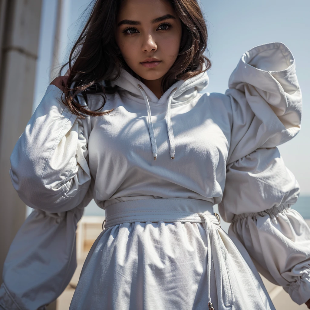 hoodie with epaulets, puffy sleeves, cropped at the waist tight cummerbund, puffy effect , very thick fabric , 1000 gsm, wide hood , professional color grading , soft shadows , no contrast ,clean background