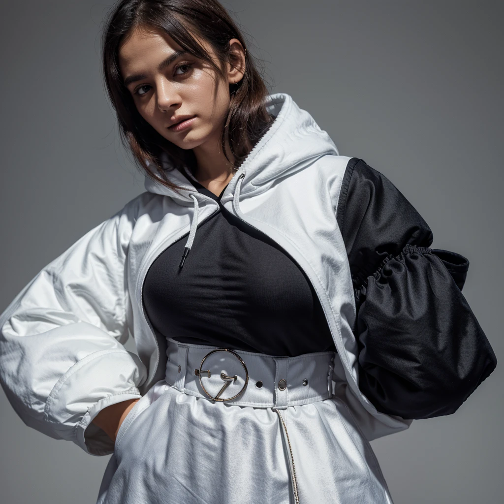 hoodie with epaulets, puffy sleeves, cropped at the waist tight cummerbund, puffy effect , very thick fabric , 1000 gsm, wide hood , professional color grading , soft shadows , no contrast ,clean background