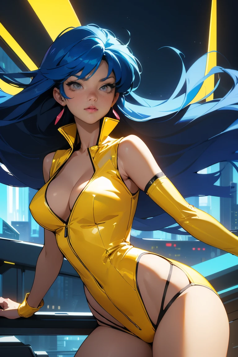 (best quality:1.2,highres,ultra-detailed), detailed face and body of Yuri from The Dirty Pair, stunning Asian beauty, expressive brown eyes, luscious lips, long flowing blue hair, (skimpy yellow outfit), (revealing cleavage), confident and sexy pose, (cyberpunk-inspired city background), neon lights illuminating the scene, vibrant colors, (futuristic and edgy atmosphere), stylish and sleek architecture, dynamic angles and composition, (sci-fi and anime fusion), perfect beauty 