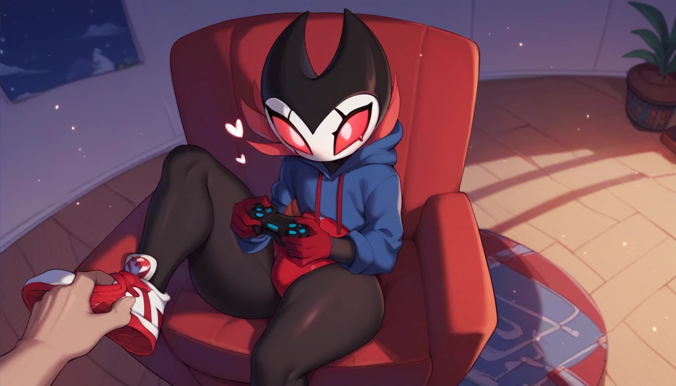 score_9, score_8_up, score_7_up, score_6_up, zPDXL2, grimm \(hollow knight\), vampire, bat, 1boy, solo, cute face, detailed eyes, anthro, landscape, highlight thighs, red sports gloves, sneakers, blue hooded sweatshirt, thick thighs, sitting in an armchair, with a controller in his hand, pov