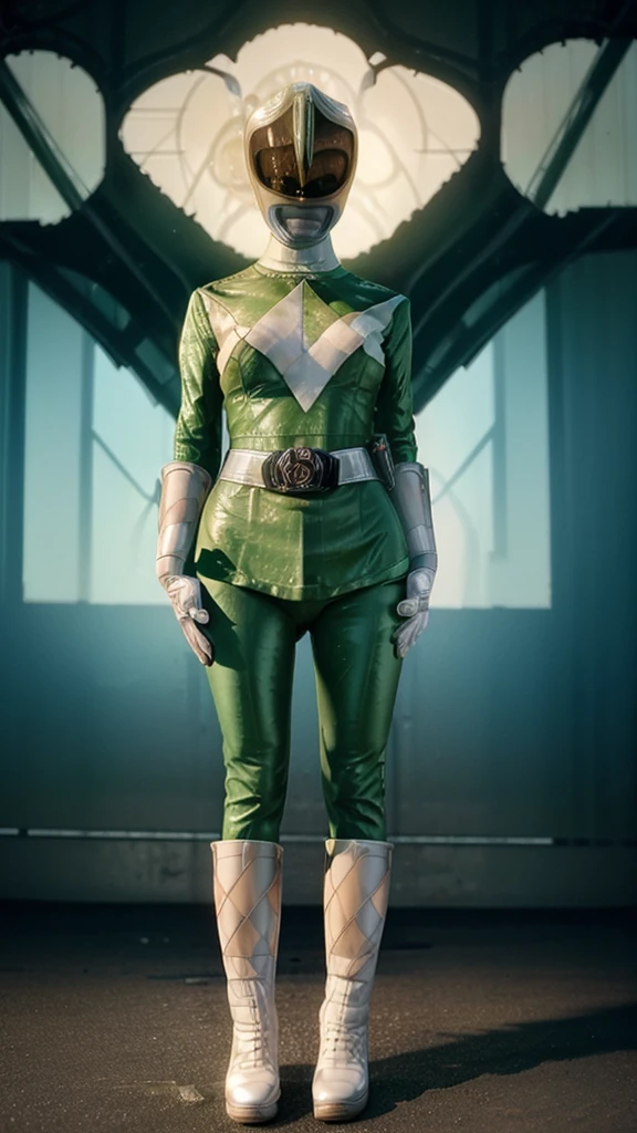 (extremely detailed CG), (best quality), perfect face, shiny skin, lustrous skin, 1girl,solo kiramaigreen, helmet, belt, bodysuit, boots, gloves, green bodysuit, white background, , mask, shiny clothes, looking at viewer, Jing Tian