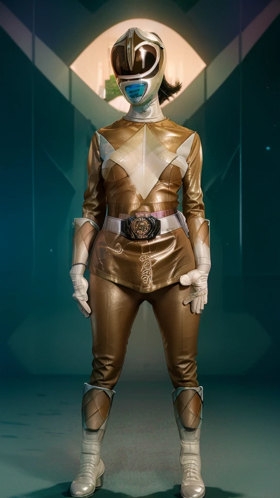 (extremely detailed CG), (best quality), perfect face, shiny skin, lustrous skin, 1girl,solo kiramaigreen, helmet, belt, bodysuit, boots, gloves, green bodysuit, white background, , mask, shiny clothes, looking at viewer, Jing Tian