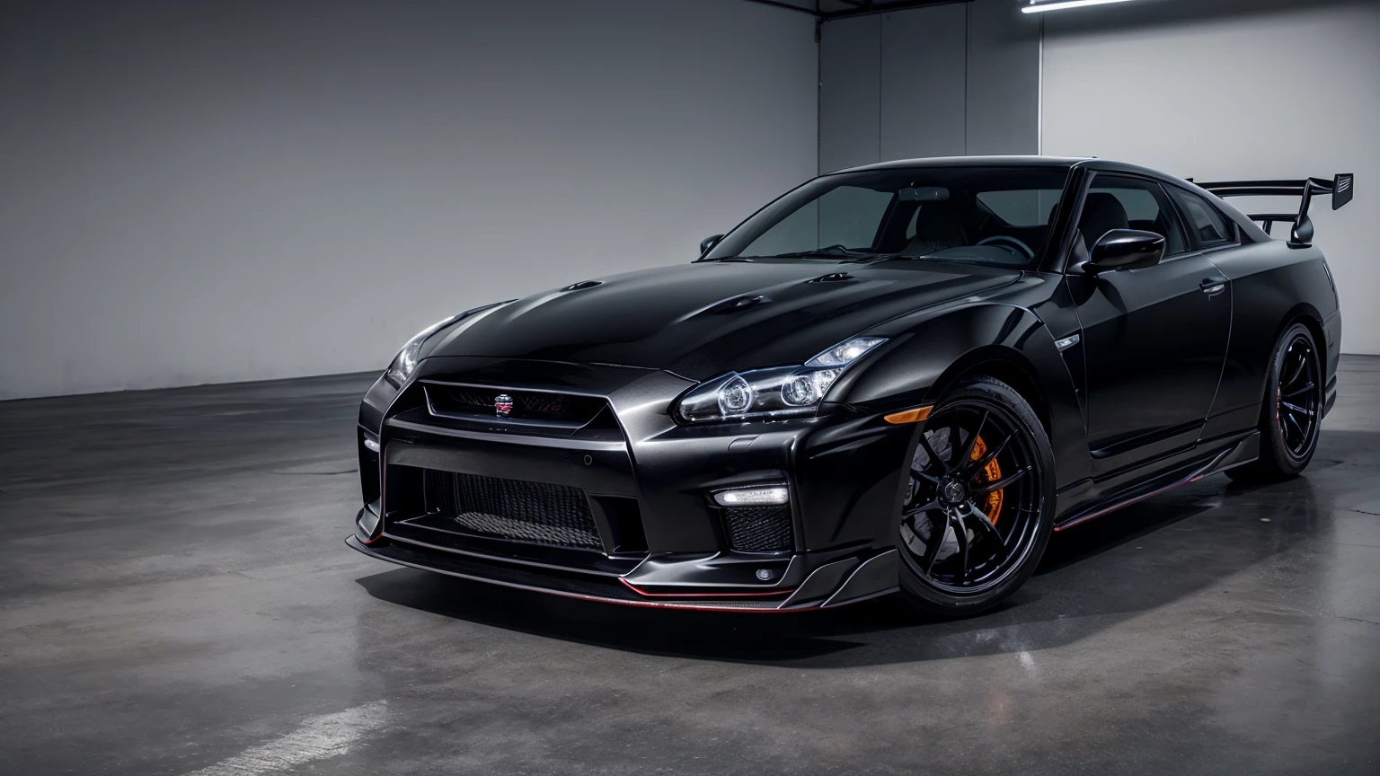 Nissan Skyline GTR-R35, In the black color, attention 22, with very large wheels, Race car, photorealistc, standing in the garage of a beautiful workshop