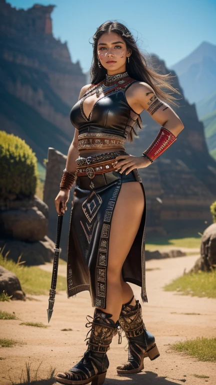 Foto RAW, Thick figure, Heavy physique, ((best quality)), ((masterpiece)), (detailed), perfect face, Envision a savage female barbarian warrior, her Brave dominance in the battlefield as she unleashes her fury upon her foes. Her armor should be adorned with tribal markings and symbols, representing her connection to her ancestral heritage, (pele altamente detalhada: 1.2), 8k UHD, DSLR, soft-lighting, alta qualidade, grain of film, Fujifilm XT3, Clothing long maxi leather skirt with tribal symbols and high heels boots and leather vest with etched tribal patterns, tribal tattoos, Full Body pose, Long Maxi dress, breasts sitze medium