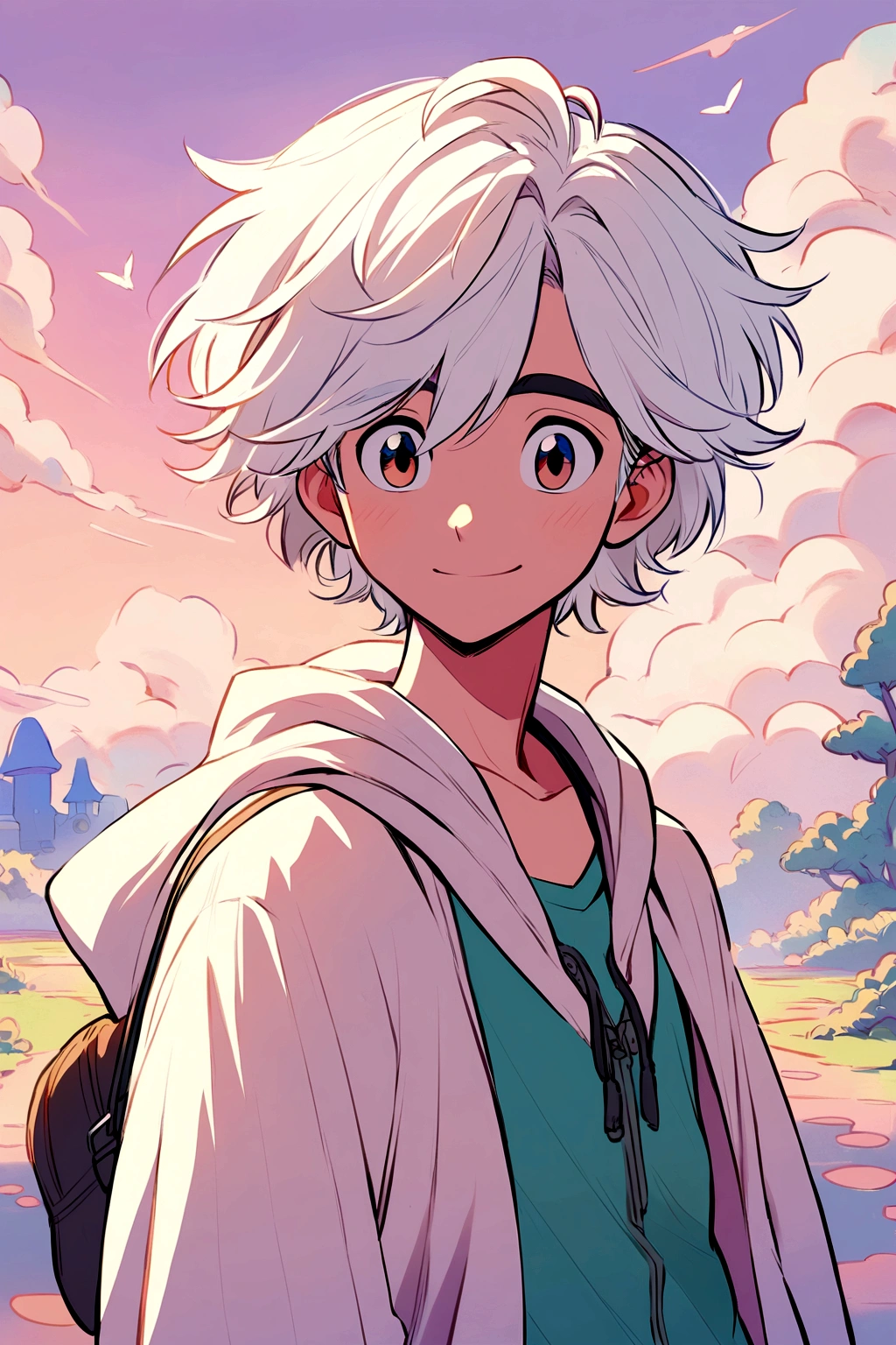 An 18 year old boy with white hair in the Disney and Pixar style