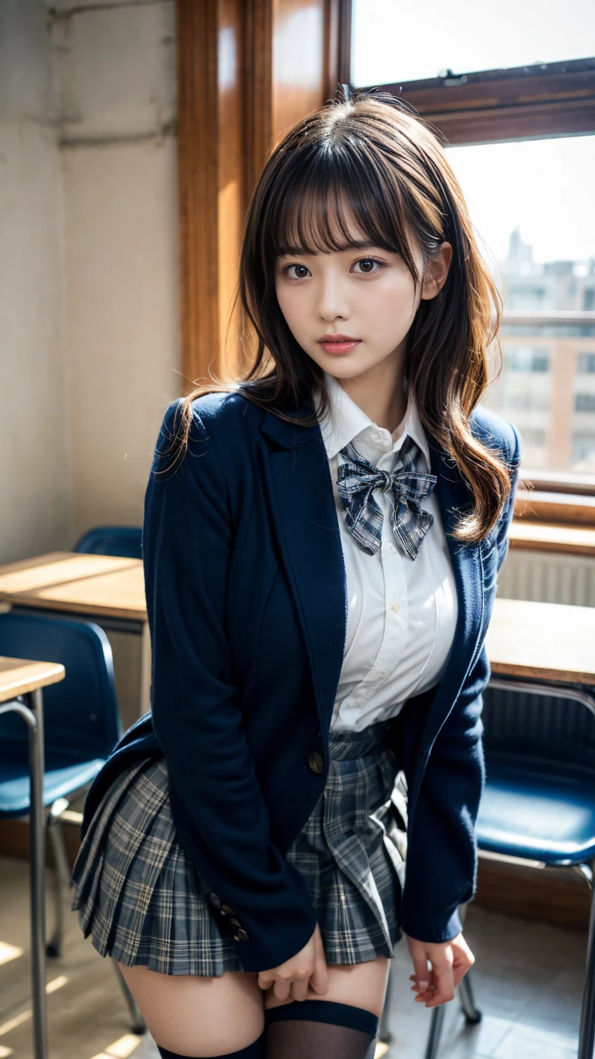 masterpiece, best quality, illustration, Super detailed, fine details, High resolution, 8K,wall paper, perfect dynamic composition,(Details High quality, realistic depiction of eyes:1.3), from side, High School Classroom、High school girl uniform、blazer 、Super Short Check Uniform Skirt、Navy blue high socks、garterbelts、Colossal tits、Disturbed uniform,  short hair, (wavy hair:1.2), black hair color, large breasts, Big Natural Color Lip, bold sexy pose, (perfect body shape), crying a little、cold gaze, Harajuku style、20 year old girl、cute type, beautiful legs, hposing Gravure Idol, Voluptuous thighs