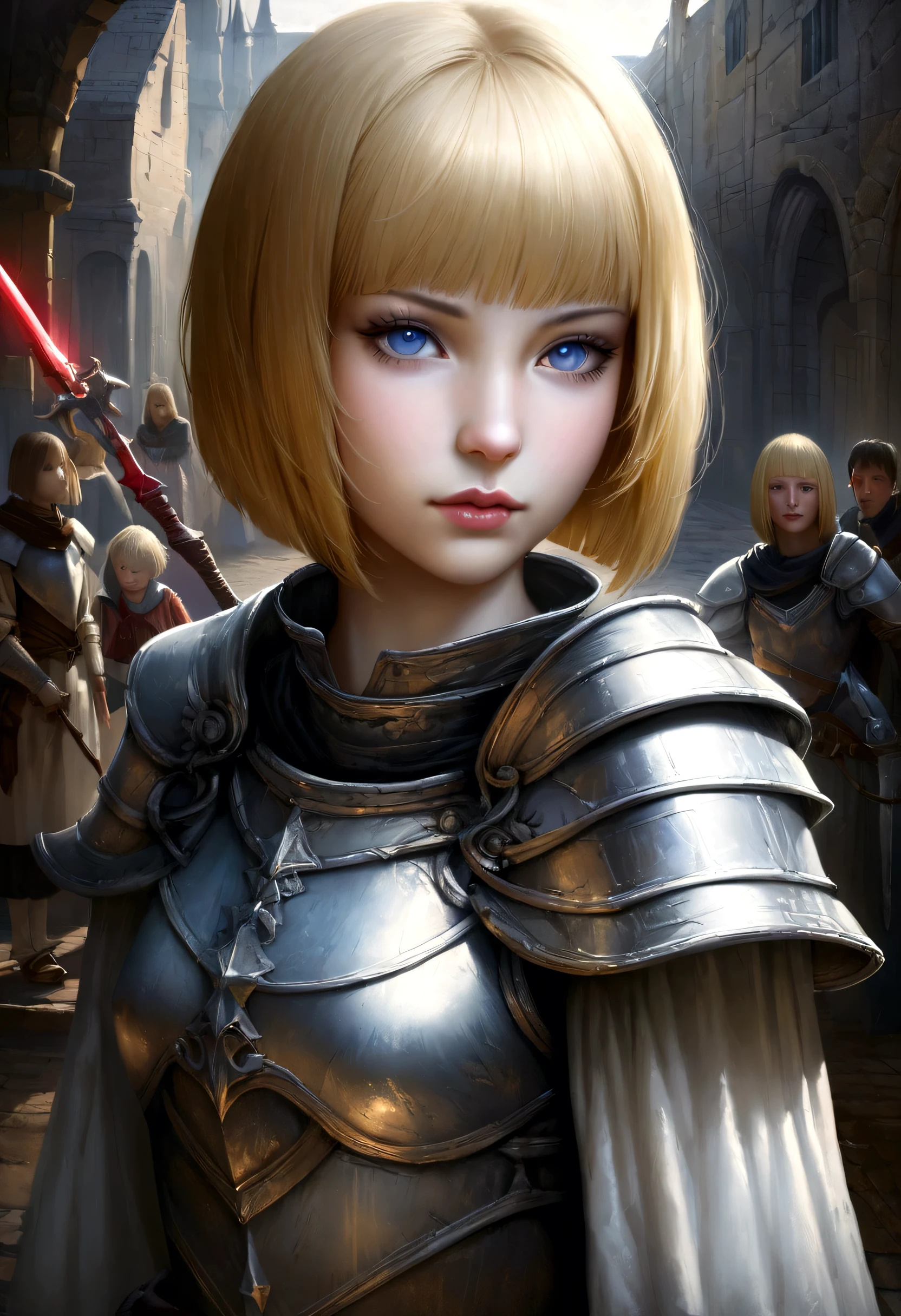 British girl with short, straight blonde hair, Van, Bobcut, blue eyes, 15 years, young, Pale skin, Slender body, Small breasts, Small breasts, Ultra-high resolution, Ultra-high resolution, (Realistic:1.4), Doll-like face, White robe、Metal armor, Plasma Sword、Background Medieval Fantasy
