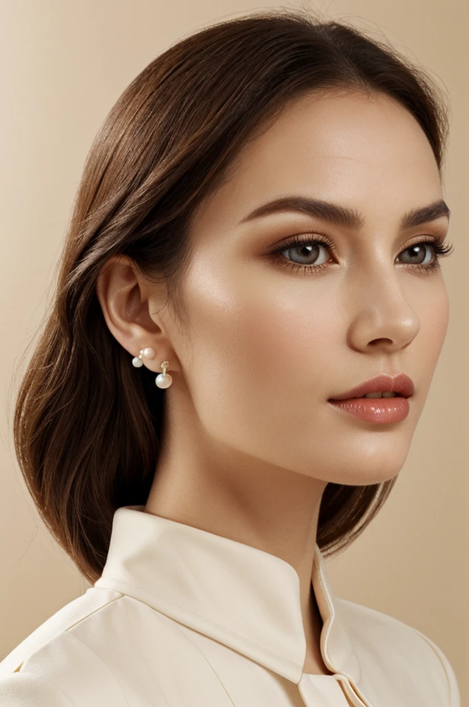 Striking woman with classic beauty on soft beige background.. the perfume bottle, with its iconic label and amber scent, is held in front of his forehead, creating a clever illusion that an eye is looking through the transparent glass. Her makeup is impeccable., with winged eyeliner and vibrant red lips that contrast with her flawless porcelain skin.. His arched eyebrows are sculpted to perfection., and wears a simple but elegant pearl earring., which adds a touch of sophistication to the image.. Her brown hair is styled elegantly.., sweep back, further accentuating its strength, sculpted cheekbones and jawline. This portrait captures the essence of the timeless elegance associated with the Chanel brand.., Noted for the bold simplicity of the composition..