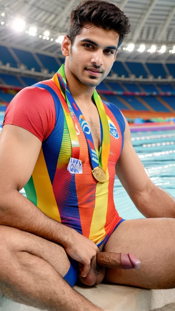 Base model of a handsome indian man, in the Olympic stadium, homoerotic, masterpiece, , handsome face, posing for photo shoot, ultra HD, 16k resolution, handsome face, beautiful eyes, messy hair, he is an Olympic swimmer, (wearing indian Olympic team Jersey), penis,nsfw,gay, Olympic games