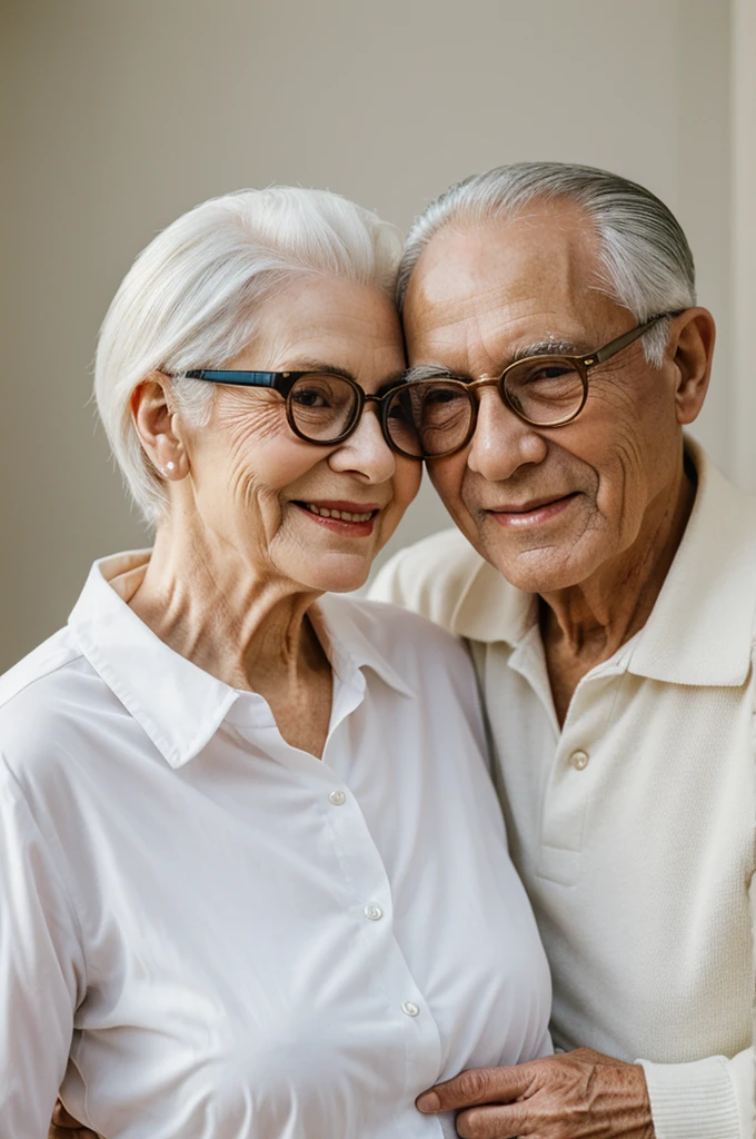 The image portrays an endearing and elegant elderly couple in a close, loving pose. Both individuals wear fashionable glasses that enhance their distinguished appearance.. The woman, with her white hair carefully combed, rests his head against the man's back, exuding a sense of satisfaction and camaraderie. She wears light colors., round frame glasses, and her outfit includes a turtleneck sweater and a beige blazer., that speaks of a classic, sophisticated style. The man, standing confidently and with a touch of contemplative gaze, He has a full beard and matching silver-white hair... His glasses have a bold, Black frame that stands out against her blonde hair and complements her light beige coat.. Their clothing and glasses suggest that they are a couple who values both comfort and elegance... The warmth, The muted background emphasizes the intimacy and tender connection shared between the two..