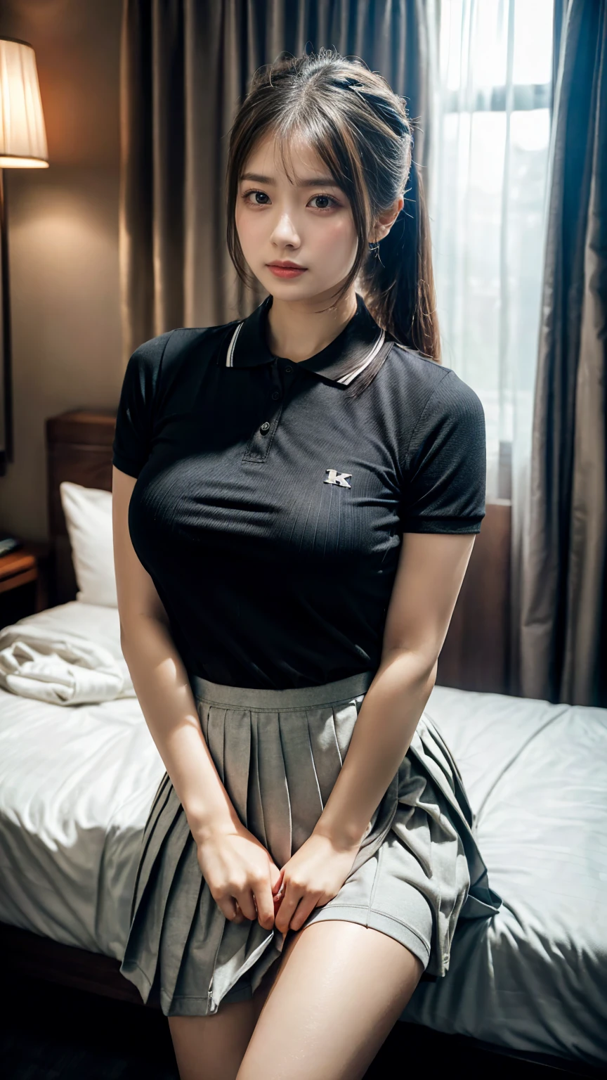 (8K, RAW Photos, Highest quality, masterpiece:1.2), (professional photography, full colors, studio-caliber color grading), (Gravure quality for high-end fashion magazines), close up, BREAK,18 year old girl,(perfect long ponytail:1.1), crying a little, Harajuku style, Big Natural Color Lip, (Plumpy body:1.2), (smooth skin:1.1 (huge breasts:1.2 BREAK (A tight polo shirt that expresses the roundness and softness of the chest area. pleated skirt, BREAK (hotel room:1.2)