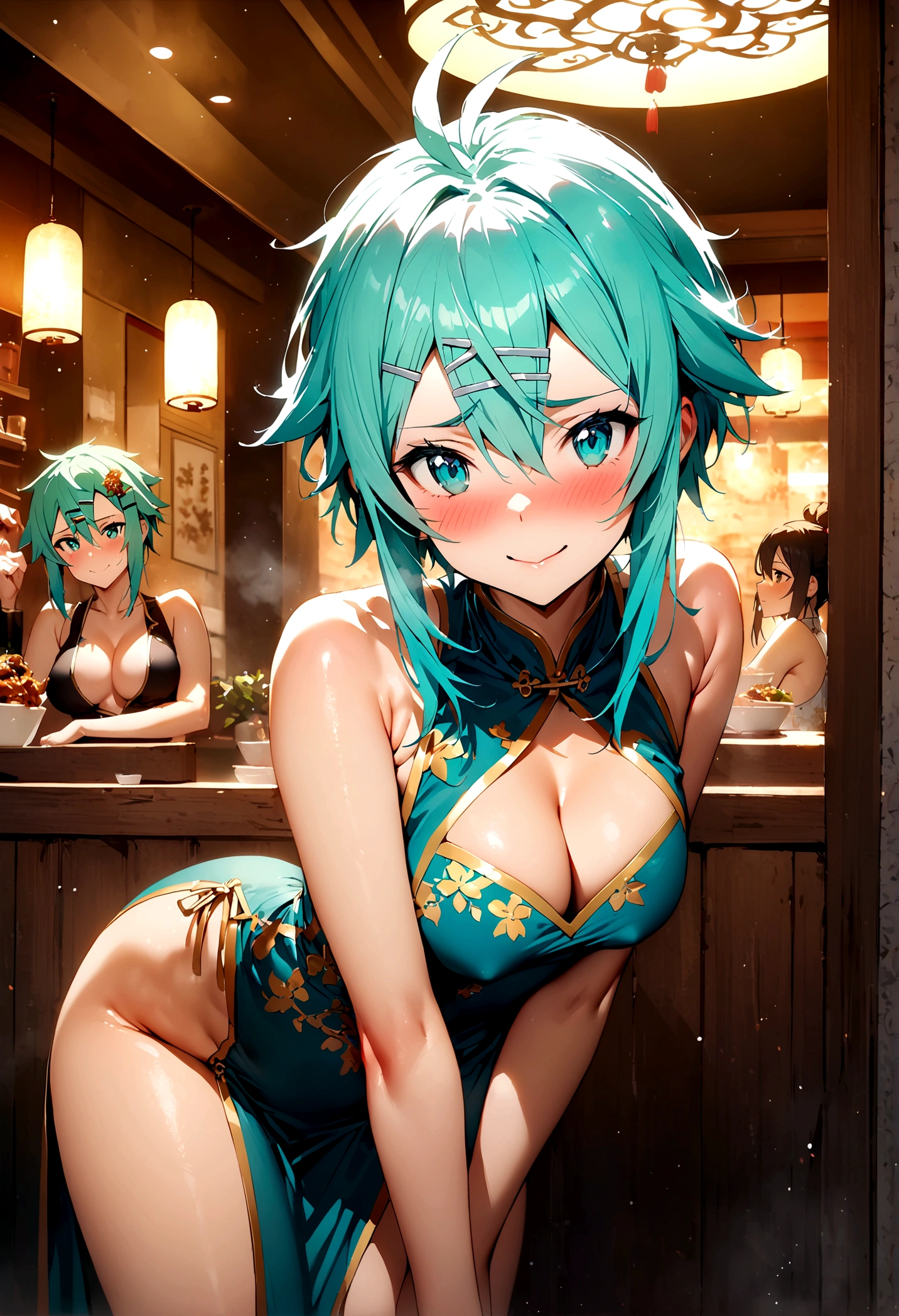 NSFW,masterpiece,Highest quality,High resolution,Super detailed,Sinon\(Sword Art Online\),(China dress),Bare shoulders,Cleavage, hair ornaments, Hair Clip,Embarrassed,expectant face,smile,blush,Chinese restaurant,Reception,Sexy pose,(male),maleの膝の上に座る
