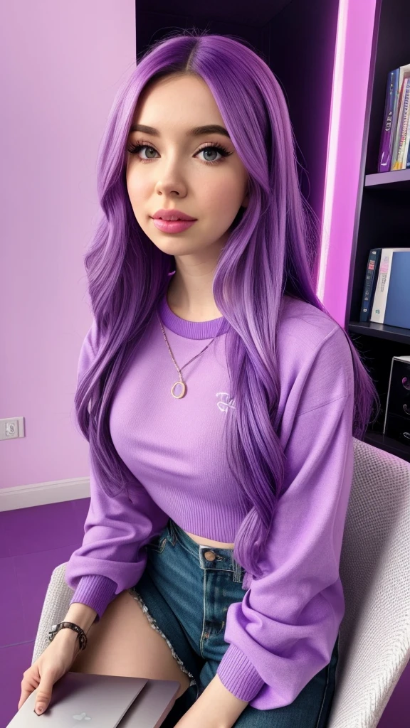 a close up of a person sitting on a chair with a laptop, purple outfit, twitch streamer, belle delphine, purple top, casual pose, cinematic pastel lighting, purple hue, lilac, ava max, in background, pokimane, in the style artgerm, purple clothes, captured on canon eos r 6, light purple, high quality portrait
