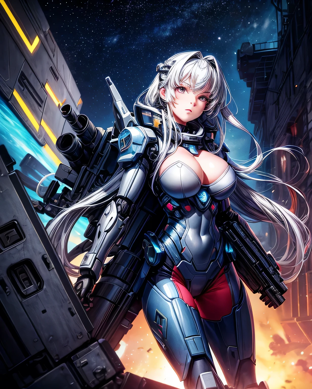 Electronic illustrations of women with mechanized armor and guns in outer space, one girl, breasts, ships, weapons, military vehicles, mecha girls, guns, big breasts, space battleships, science fiction, aircraft, cleavage, weapons hold and look at the viewer,Robot-Girl,starrystarscloudcolorful,