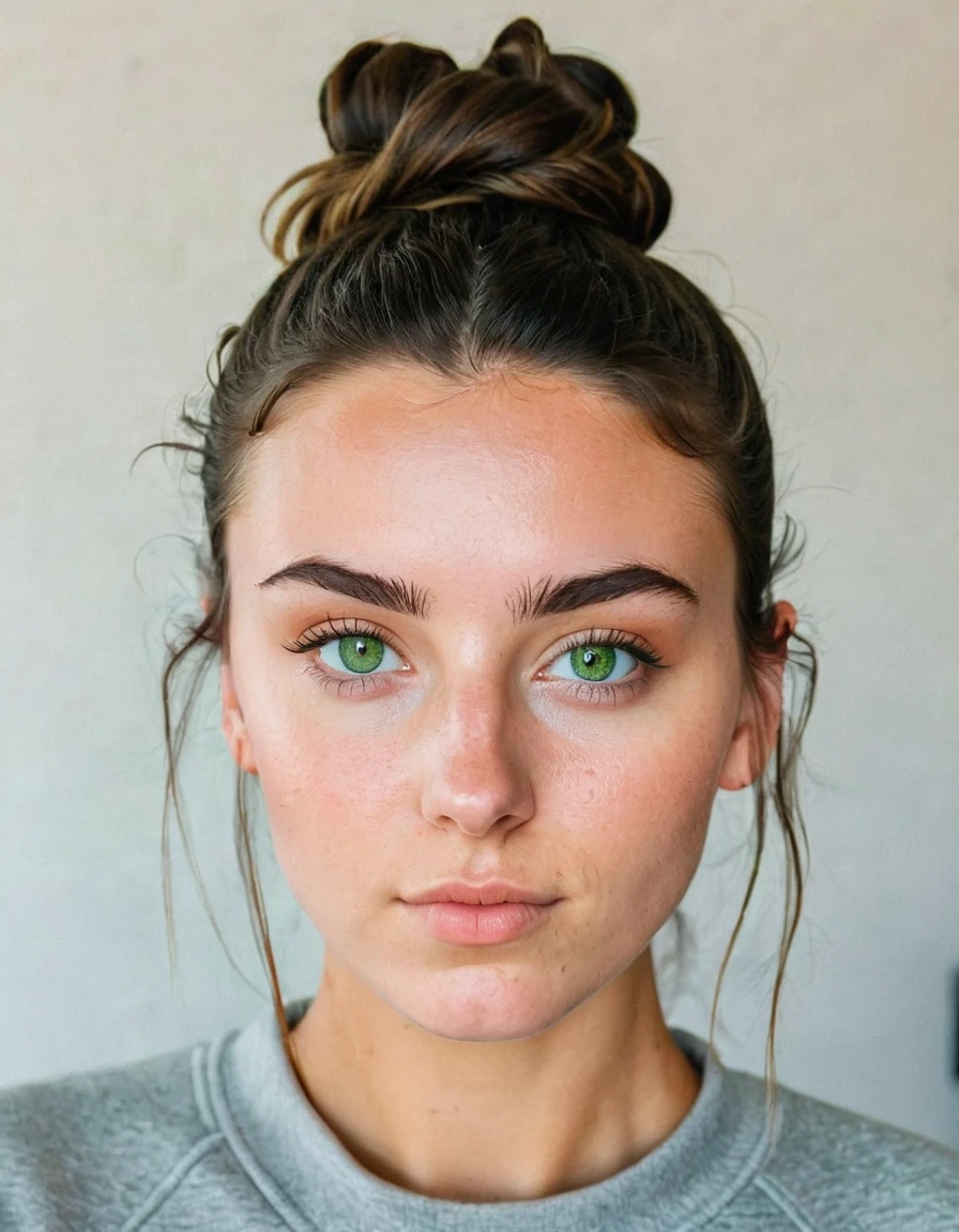 Take a photograph of a 17-year-old brunette with green eyes wearing a gray sweatshirt in a messy bun, her look is hopeful