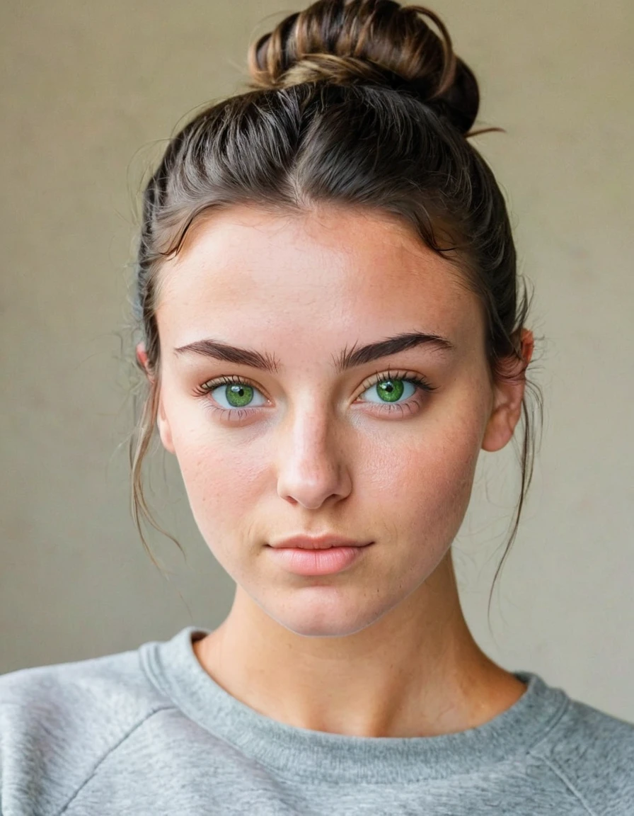 Take a photograph of a -yeld brtte with green eyes wearing a gray sweatshirt in a messy bun, her look is hopeful