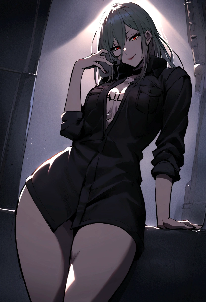 1 girl,wearing a large shirt that reaches the thighs, a jacket, written ´´Harl´´ on it,with a seductive look, and dashing smile.,Gothic style.