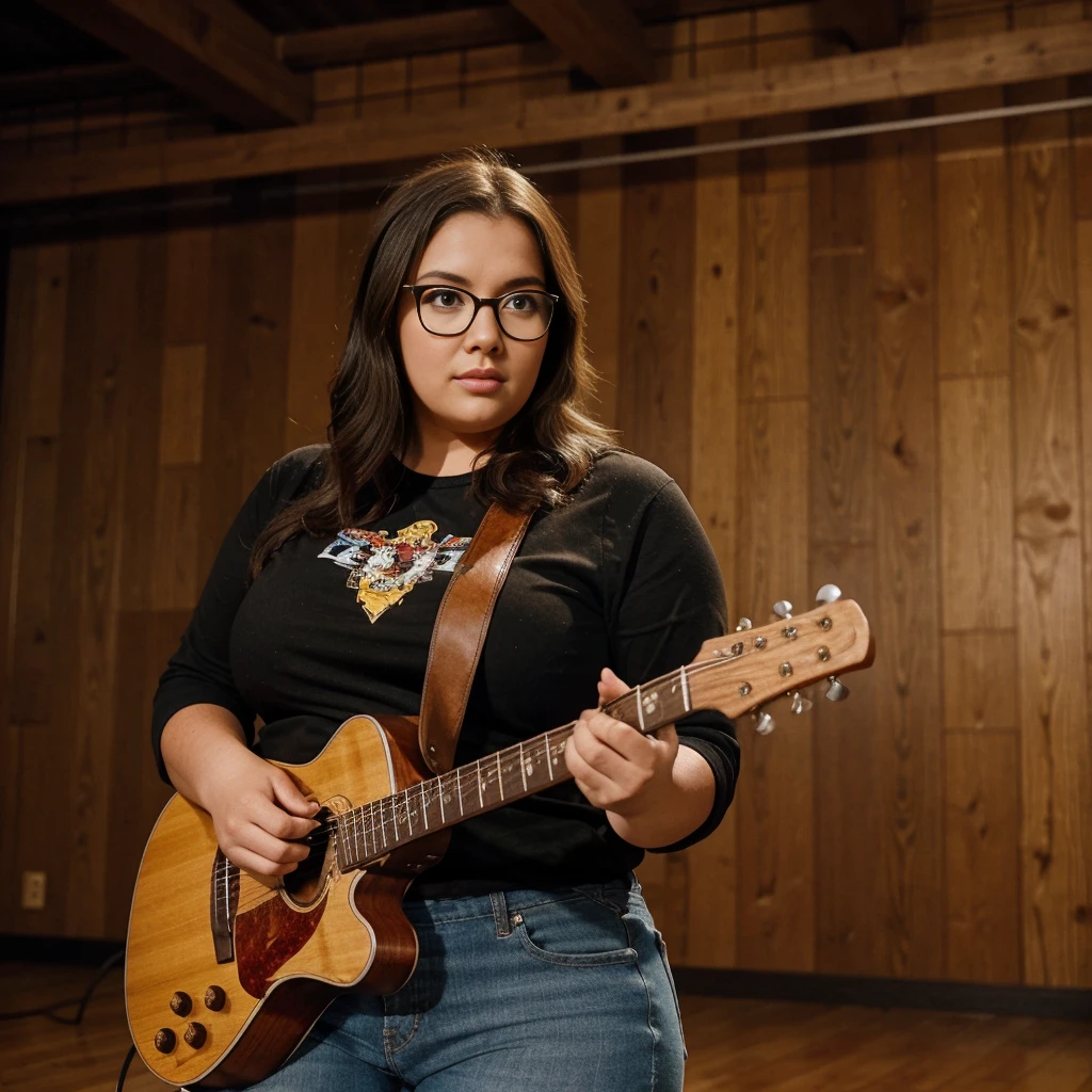 A plus size woman wearing glasses playing a perfect guitar in a large room with wooden walls and speakers. A parrot watches her closely