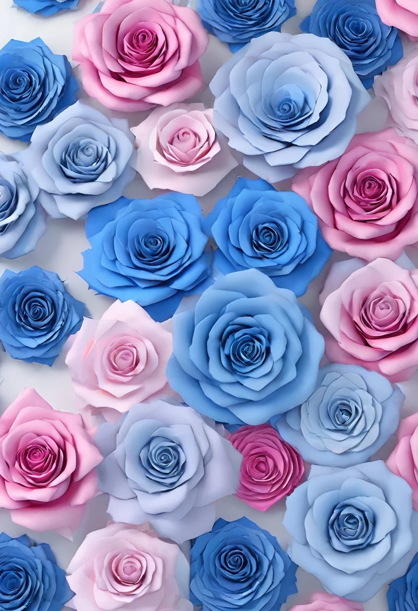 Many blue pink roses made of paper on a white background., in the style of pink and blue, daz3D, Bold Color Combinations, White and blue, commission for, luxury tapestries, UHD image, 3D, 32k uhd --con 9:16 -- at 5.1