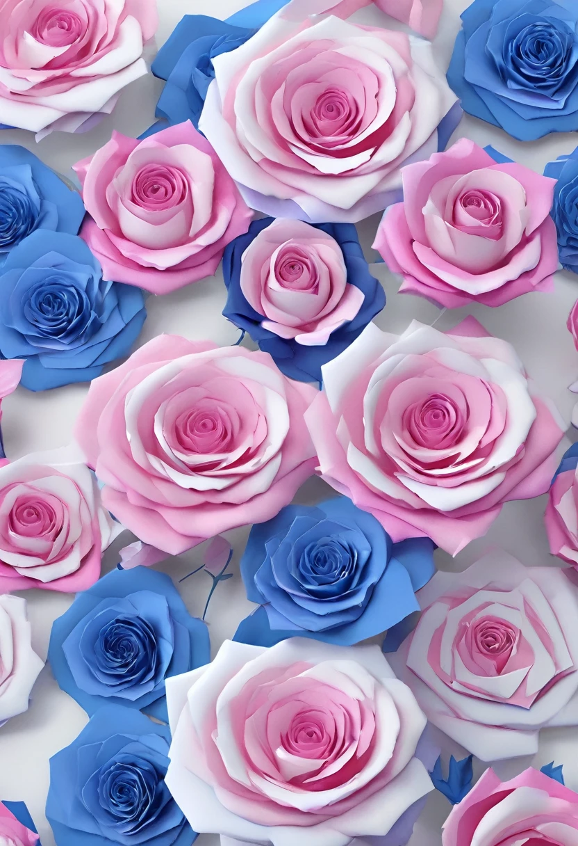 Many blue pink roses made of paper on a white background., in the style of pink and blue, daz3D, Bold Color Combinations, White and blue, commission for, luxury tapestries, UHD image, 3D, 32k uhd --con 9:16 -- at 5.1