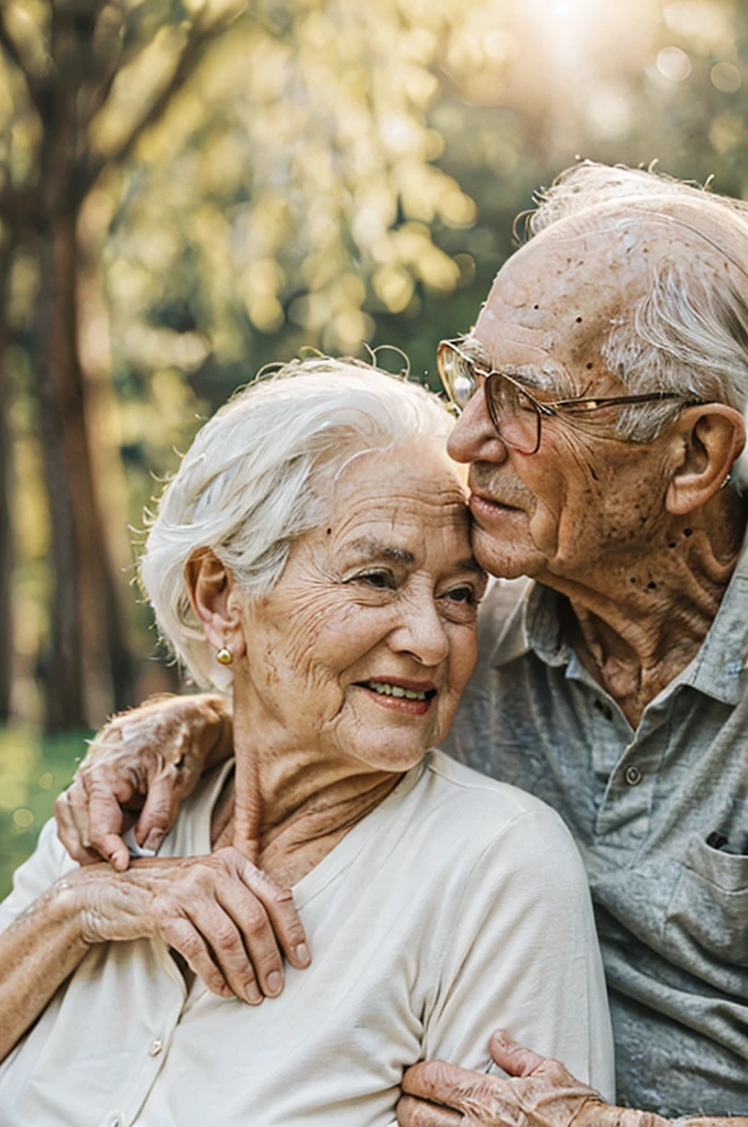 The image portrays an endearing and elegant elderly couple in a close, loving pose. Both individuals wear fashionable glasses that enhance their distinguished appearance.. The woman, with her white hair carefully combed, rests his head against the man&#39;s back, exuding a sense of satisfaction and camaraderie. She wears light colors., round frame glasses, and her outfit includes a turtleneck sweater and a beige blazer., that speaks of a classic, sophisticated style. The man, standing confidently and with a touch of contemplative gaze, He has a full beard and matching silver-white hair... His glasses have a bold, Black frame that stands out against her blonde hair and complements her light beige coat.. Their clothing and glasses suggest that they are a couple who values both comfort and elegance... The warmth, The muted background emphasizes the intimacy and tender connection shared between the two..